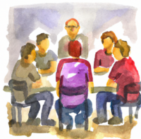 a watercolor image of a group of people in a meeting