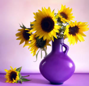 oil painting of yellow sunflowers in a purple vase