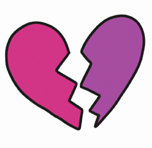 Cartoonish drawing of a heart broken in two parts. One side is pink and the other side is purple.
