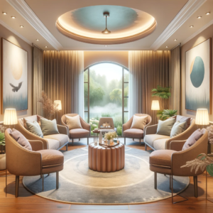 Serene outpatient therapy room with plush seating in a semi-circle, large windows overlooking a tranquil garden, and walls decorated with artwork symbolizing recovery and hope, designed for dual diagnosis treatment.