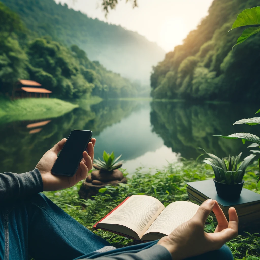 A person sits peacefully in nature, holding a book and meditating, with their phone turned off and placed on the ground beside them, surrounded by lush greenery and a serene lake.
