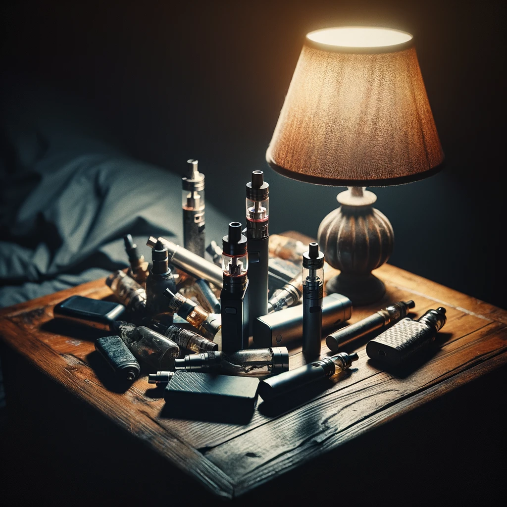 A wooden nightstand under the dim light of a bedside lamp, cluttered with various discarded and broken vaping devices. The setting is dark and moody, emphasizing the theme of quitting vaping and overcoming addiction