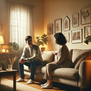 A serene living room with a person sitting on a plush couch, engaged in a calm discussion with a family member who appears concerned yet hopeful. The room is warmly lit and decorated with neutral tones, soft cushions, plants, and family photos, creating an atmosphere of empathy and support.