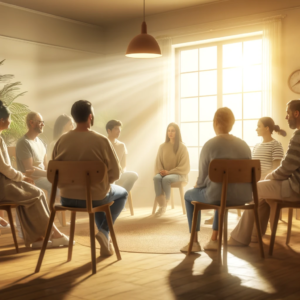 Diverse group of adults sitting in a circle during a support group meeting (a key component of aftercare) in a brightly lit room, symbolizing community and recovery in addiction treatment.