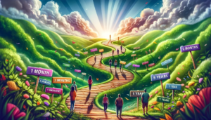 A vibrant illustration depicting the journey of recovery with a winding path through a lush, green landscape. Along the path, various milestones are marked with signs labeled '1 Month', '2 Months', '6 Months', '1 Year', and '5 Years'. People walk along the path, some alone and some in groups, all looking positive and determined. The sky is bright with sunlight breaking through clouds, symbolizing hope and progress, conveying encouragement and continuous support.