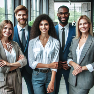 Diverse group of three professionals, including a Caucasian woman, an African American man, and a Hispanic woman, standing together in a modern office setting, displaying friendly expressions in a supportive and inclusive work environment. This represents returning to work following addiction recovery.