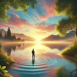 A serene scene of a person standing at the edge of a calm lake during sunrise, gazing towards the horizon. The sky is painted with warm hues of pink and gold, reflected in the tranquil water. Surrounding the person are lush green trees and a gentle mist rising from the water, symbolizing peace and new beginnings. Distant mountains in the background add to the sense of serenity and vast possibilities. In order to achieve an serene presence like in this image, you need to identify addiction triggers.