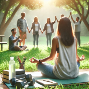 A person practicing mindfulness meditation on a yoga mat in a peaceful park, surrounded by green trees and soft sunlight. In the background, a supportive group of friends is talking and laughing together. Nearby, a journal and a set of exercise equipment like dumbbells and a water bottle are placed, symbolizing healthy coping mechanisms. The overall mood is calm, supportive, and encouraging, reflecting the journey of recovery from addiction.