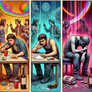 Illustration showing the progression of addiction in three stages: a person at a party trying a substance for the first time, the same person using the substance alone at home, and the person struggling with dependency, looking distressed and surrounded by drug paraphernalia. The background transitions from a bright, lively scene to a darker, more chaotic one.