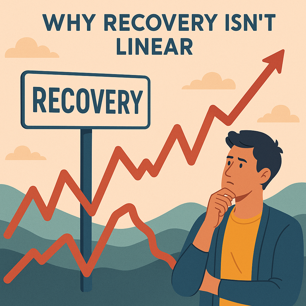 Illustration of a young man observing a red zigzag line labeled "Recovery" winding through a hilly landscape, symbolizing the ups and downs of addiction recovery.