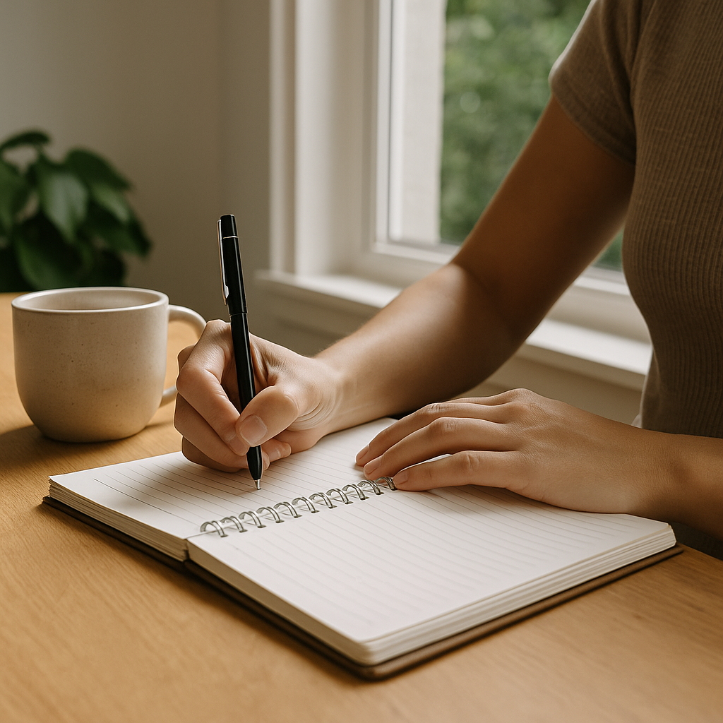 A person writing in a spiral notebook at a wooden table with a mug nearby, next to a window with natural light and greenery outside.