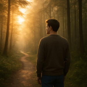 Person standing at the start of a sunlit forest trail, symbolizing breaking free from self-sabotage and moving toward a healthier future in recovery.
