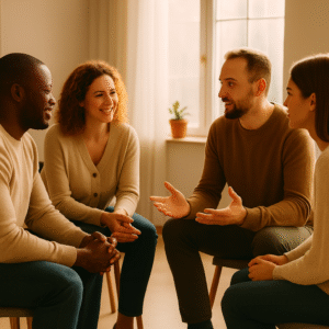 Four people sitting together in a sunlit room, sharing and supporting each other during addiction recovery.