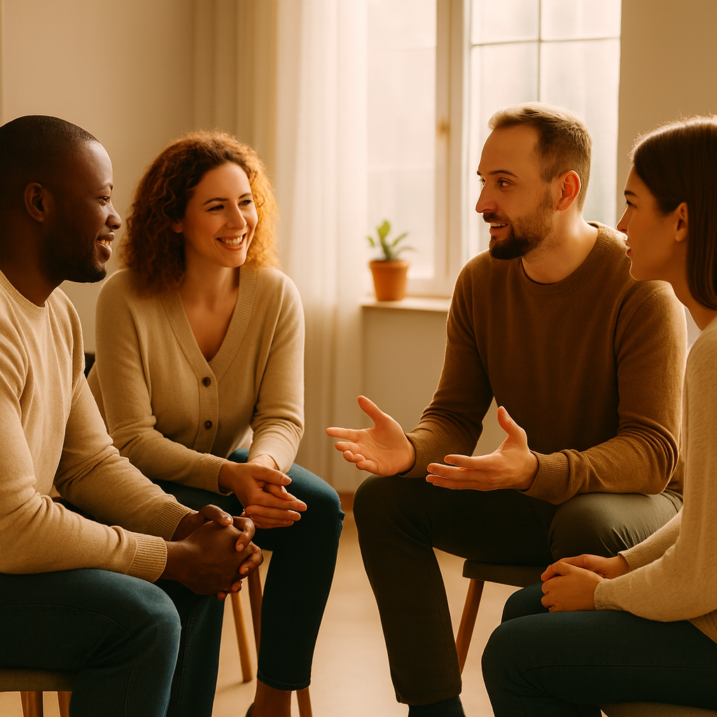 Four people sitting together in a sunlit room, sharing and supporting each other during addiction recovery.