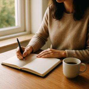 Person writing in a journal near a sunny window, reflecting during recovery.