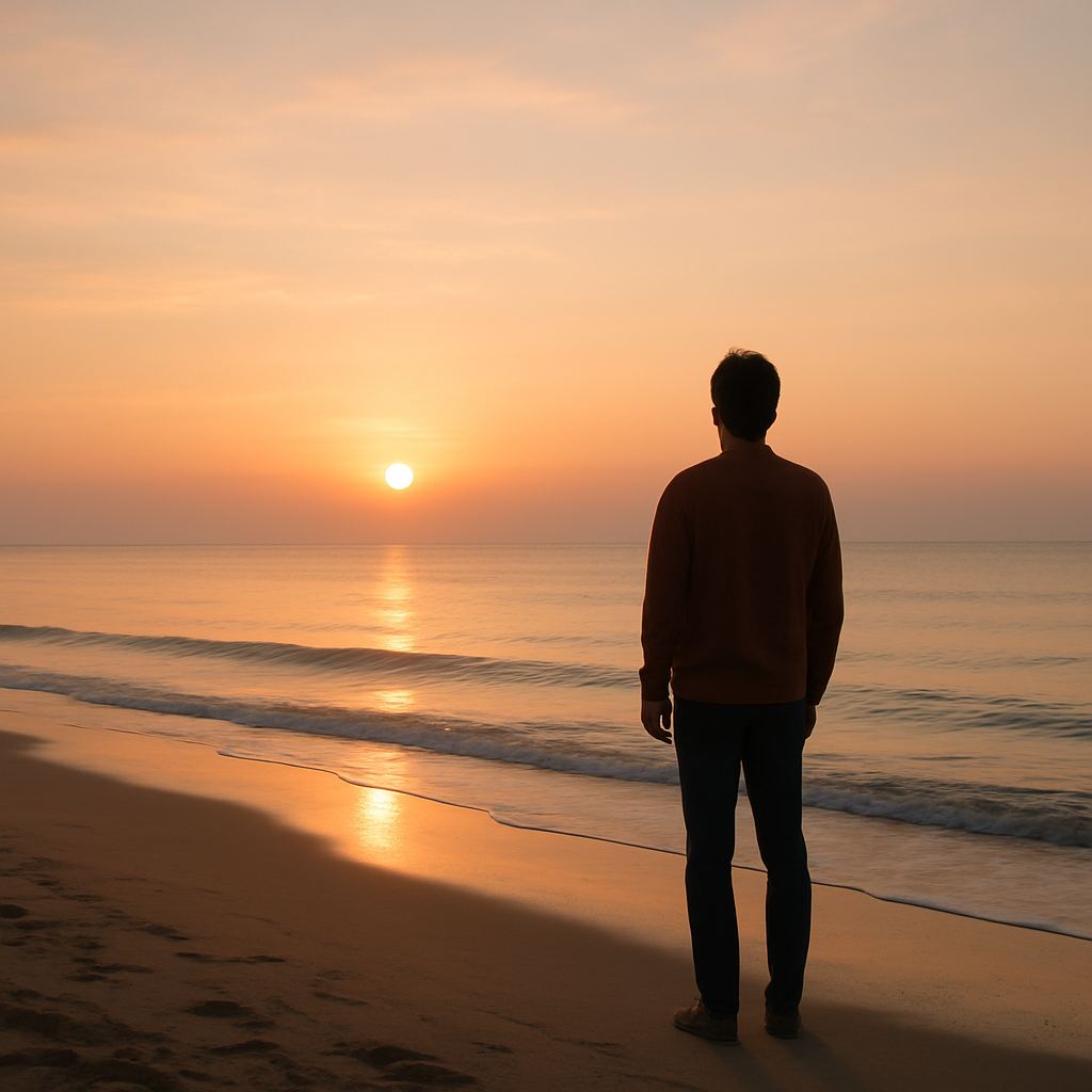 A person standing on a beach at sunrise, gazing at the horizon, symbolizing self-discovery and hope.