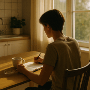 A person sitting at a kitchen table with coffee and a journal, soft morning light streaming in.A person sitting at a kitchen table with coffee and a journal, soft morning light streaming in.