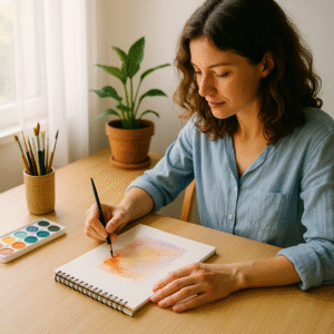 Woman painting with watercolors at a bright table, surrounded by brushes and natural light, symbolizing creativity and healing in recovery.