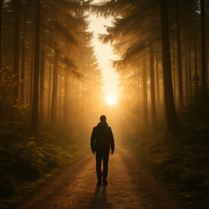 Person walking a forest path at sunrise, symbolizing resilience and hope in recovery.