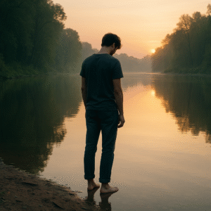 A person stands quietly by a river at sunrise, symbolizing reflection and renewal in addiction recovery.