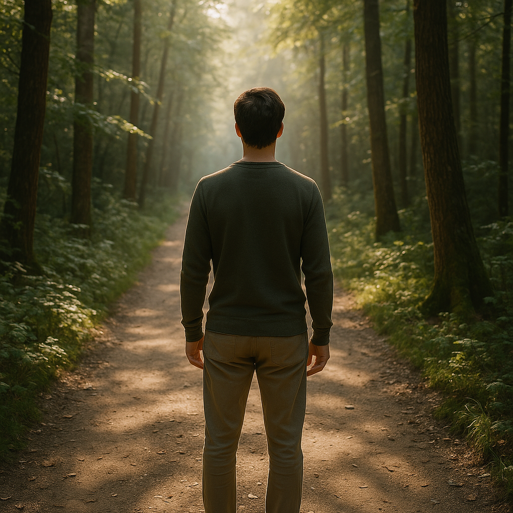 A person stands on a sunlit forest path, symbolizing confidence and clarity in setting boundaries during recovery.