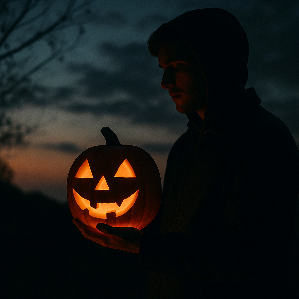 A person holds a glowing jack-o’-lantern at night, symbolizing courage and self-discovery during addiction recovery.