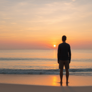 A person stands on a calm beach at sunrise, symbolizing self-discovery and new beginnings in recovery.