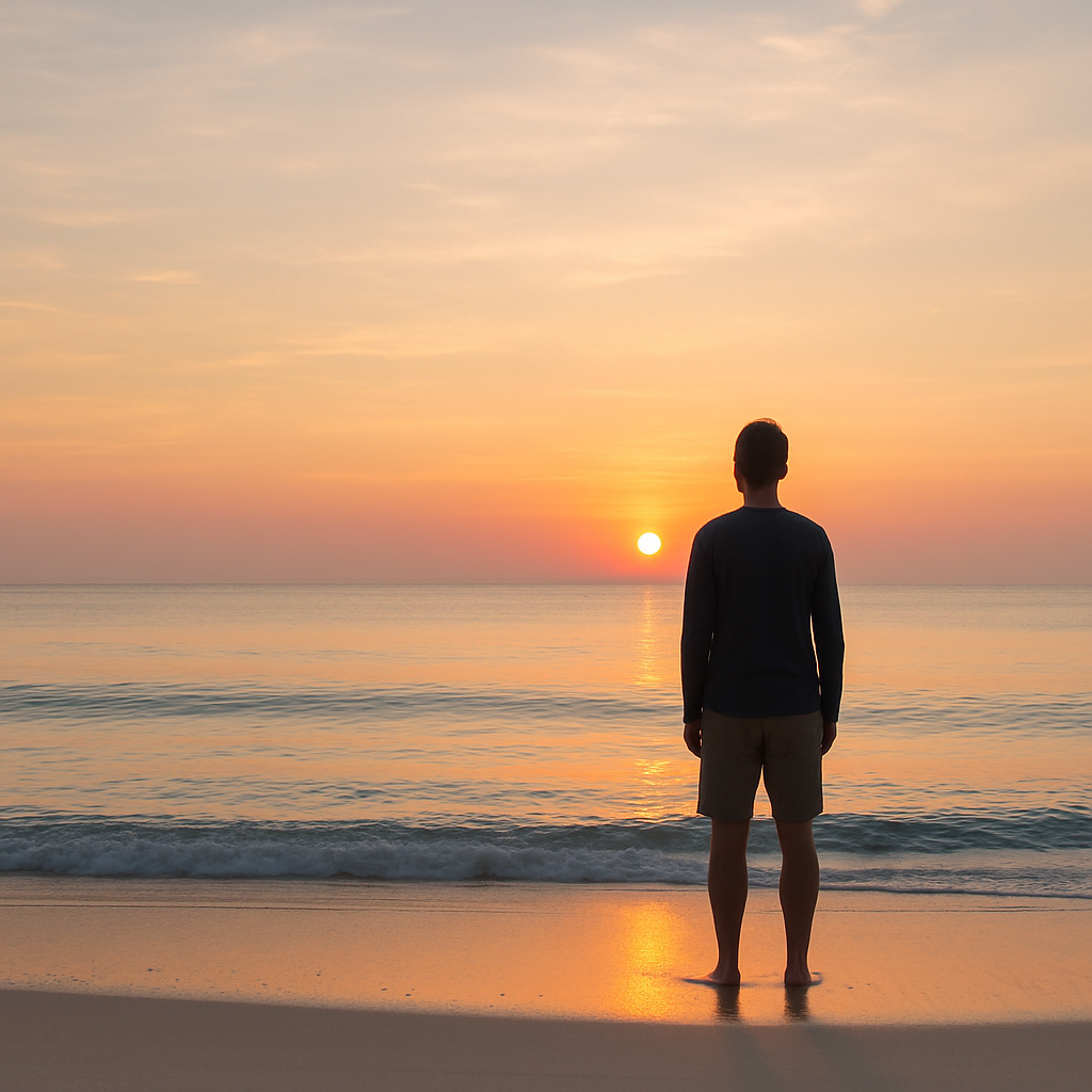 A person stands on a calm beach at sunrise, symbolizing self-discovery and new beginnings in recovery.