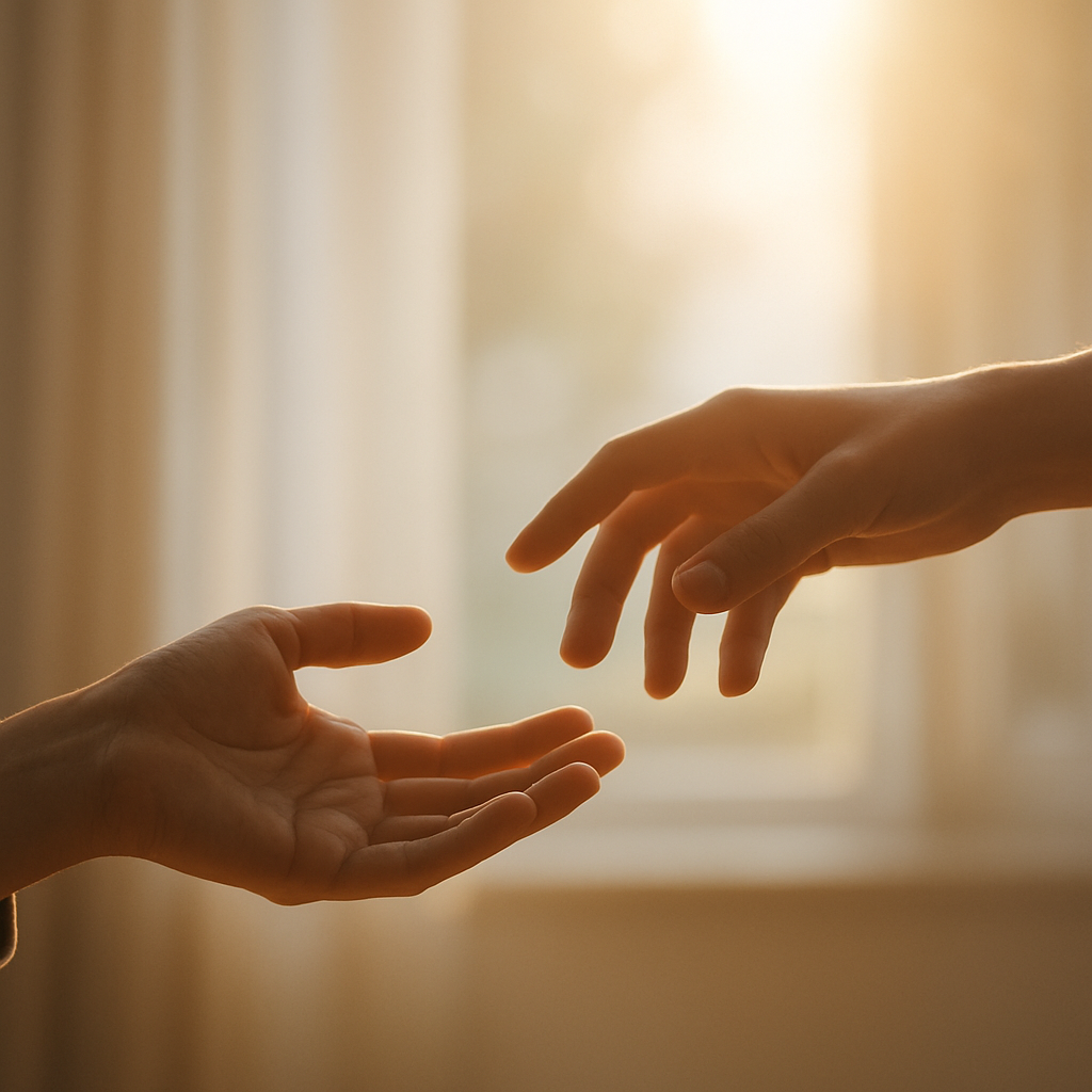 Two hands reaching toward each other in soft morning light, symbolizing reconnection and healing in recovery