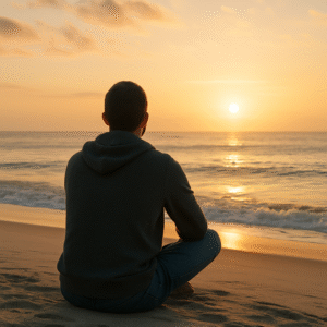 Person sitting on a quiet beach at sunrise, symbolizing peace and self-reflection in recovery.