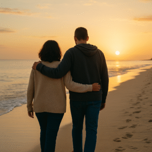 Two people walking together along a calm beach at sunset, representing support and connection during addiction recovery.