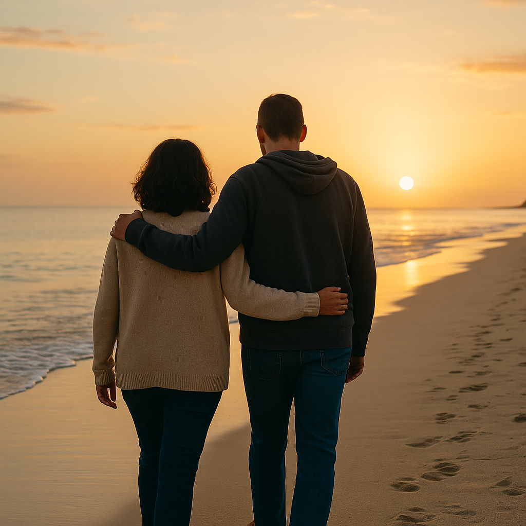 Two people walking together along a calm beach at sunset, representing support and connection during addiction recovery.