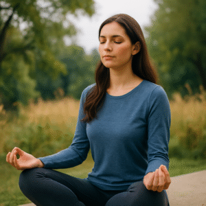 A woman sits peacefully outdoors in meditation, surrounded by warm sunlight and greenery, symbolizing mindfulness and calm in addiction recovery.