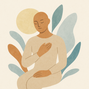 A soothing, abstract square illustration showing a person in a reflective pose with soft, layered shapes that represent emotional clarity, personal growth, and the process of regaining trust in oneself during addiction recovery.