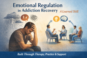 A minimalist abstract illustration symbolizing emotional regulation as a gradual skill-building process during addiction recovery.