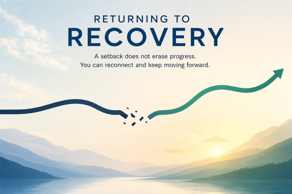 Minimalist illustration of a broken line reconnecting and continuing upward across a calm landscape, symbolizing recovery after relapse.