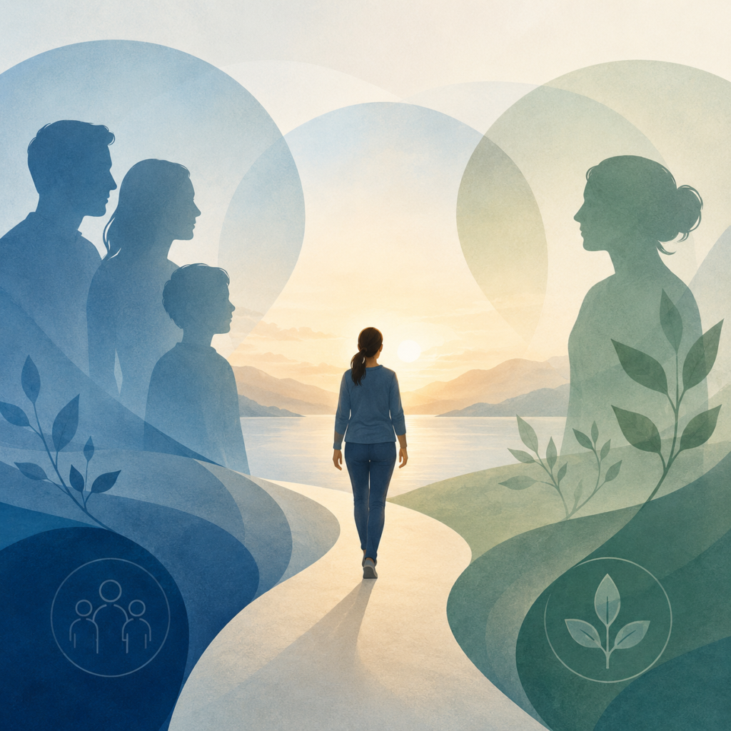 Abstract illustration representing family dynamics, healthy boundaries, and addiction recovery, featuring a person moving forward between supportive family influences and personal growth.