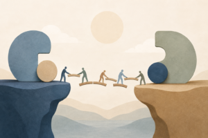 Abstract illustration of separated shapes being gradually connected by small bridge pieces, symbolizing the slow rebuilding of trust during addiction recovery.