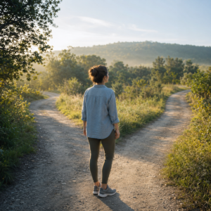 Person calmly choosing a path while rebuilding self-trust in addiction recovery