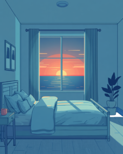 Calm bedroom transitioning into sunrise to represent healthy sleep in addiction recovery