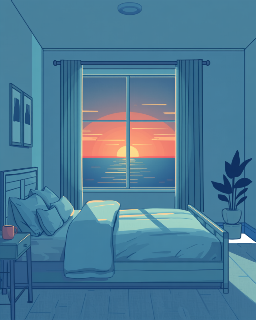 Calm bedroom transitioning into sunrise to represent healthy sleep in addiction recovery