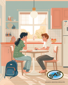 Parent and teenager having a calm back-to-school conversation about substance use