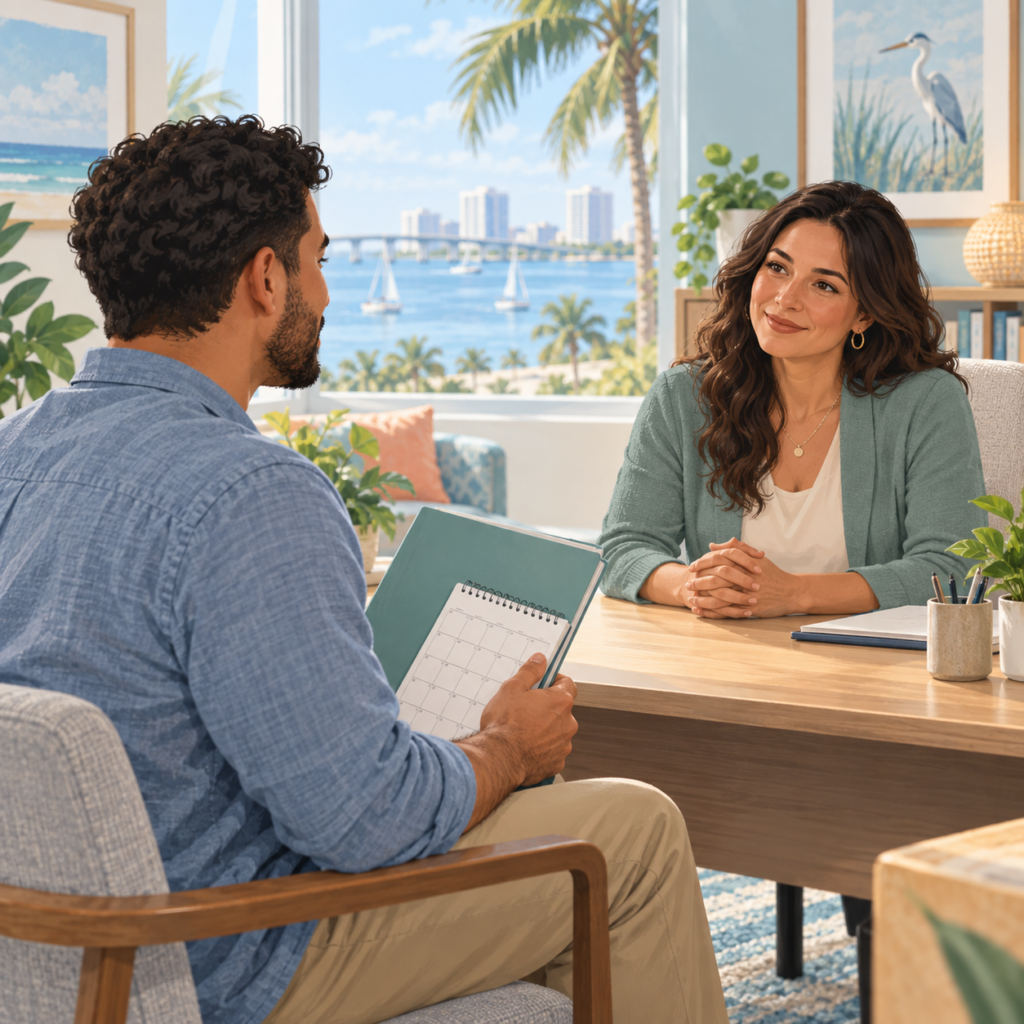 Adult preparing for a first addiction treatment assessment with a clinician