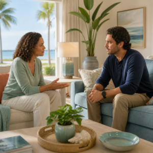 Family members having a calm conversation about addiction help