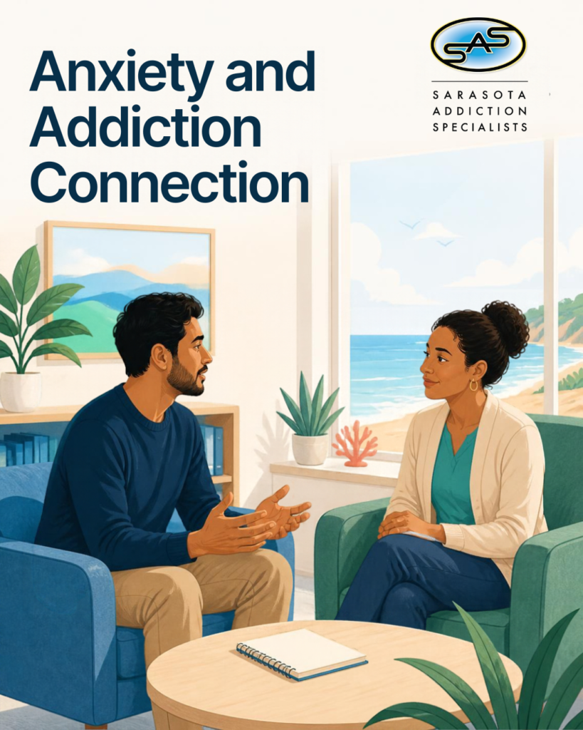 An adult speaking openly with a counselor in a calm coastal office with a simple notebook between them