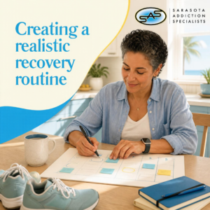 An adult arranging a simple weekly calendar at a sunlit kitchen table with a mug and walking shoes nearby