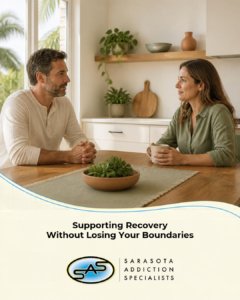 Two adult family members having a calm conversation at a kitchen table with respectful space between them