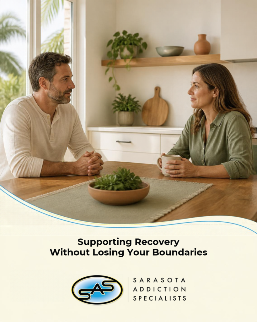 Two adult family members having a calm conversation at a kitchen table with respectful space between them